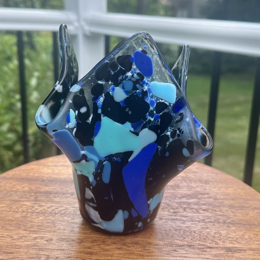 Murano Style Blue Turquoise Black "fazzoletto" Handkerchief Confetti Vase 6.5"